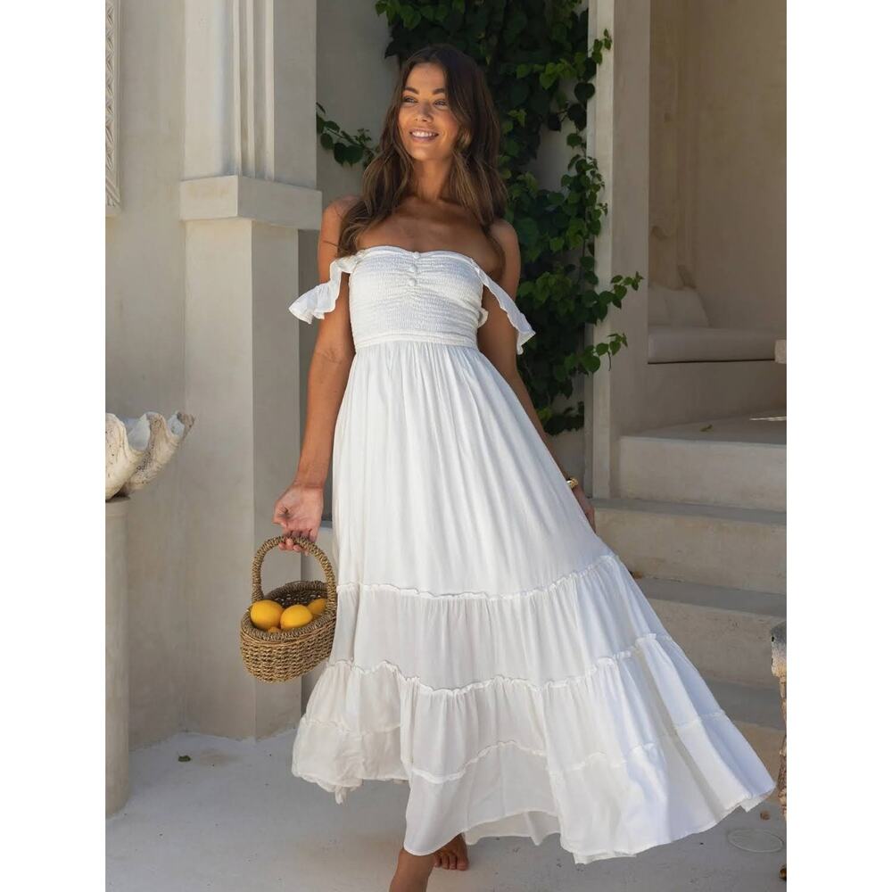 NWT Cocopiña White Boho Maxi Dress Tiered Off Shoulder Cottagecore Size Large